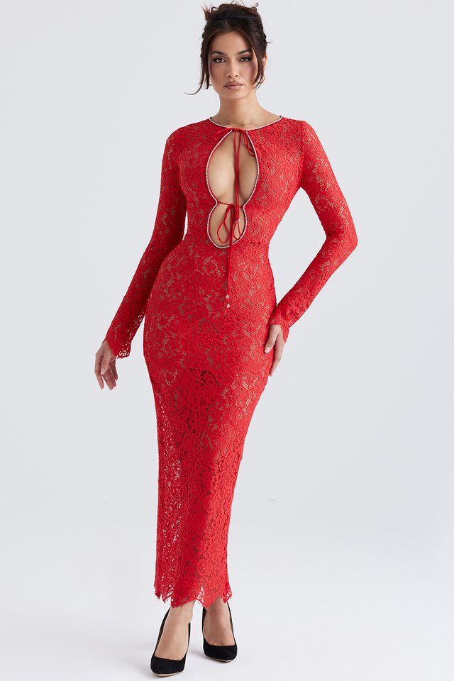 'Lisandra' Red Lace Maxi Dress